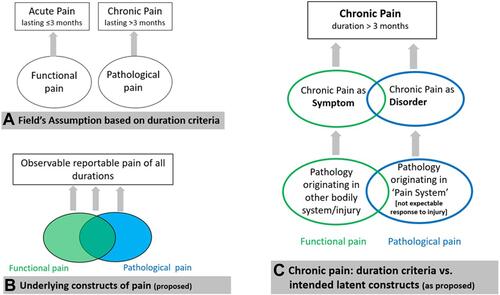 Figure 2 Observable pain and the underlying constructs of interest. (A) Represents the predominant assumption in the literature regarding pain diagnostic categories based on duration criteria (ie, 3 months duration). (B) Illustrates the proposed concept that the observed pain regardless of duration may be due to functional pain, pathological pain, or a mixture of both since the ability to feel pain as functional pain within a biopsychosocial framework is present in all individuals even when pathological pain is present; thus, ratings of pain may capture this mix. (C) Reframes this for chronic pain as pain of >3-month duration to illustrate the potential misclassification issue presented by the duration criteria. The origin of the pathology or “internal-dysfunction” determines how to conceptualize the “disorder”. That is, whether the condition represents pain as a symptom of another disorder or injury, or instead represents a disorder of the “pain system” itself. Again, overlaps highlight the challenge of isolating pathological from functional pain based on pain reports particularly given limits in the understanding of functional pain.