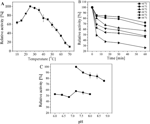 Figure 5. Characterization of the purified AATase. (A) Effects of reaction temperature on the activity of AATase in potassium phosphate buffer (pH 8.0). (B) Thermostability of AATase. The temperature stability of the purified AATase was determined by measuring the remaining activity after incubating the enzyme for various time separately at 40, 45, 50, 55, or 65 °C in the absence of the substrate. (C) Effects of reaction pH on the activity of AATase. Two different buffers including potassium phosphate (solid square) and Tris-HCl (solid circle) were applied. The data represent the mean ± SD of three parallel experiments.