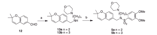 Scheme 2. Synthesis of Class C compounds. Reagents and conditions: (a) amine, NaBH4, MeOH, overnight; (b) 3,4-dimethoxybenzenesulfonyl chloride, K2CO3, DCM, overnight.