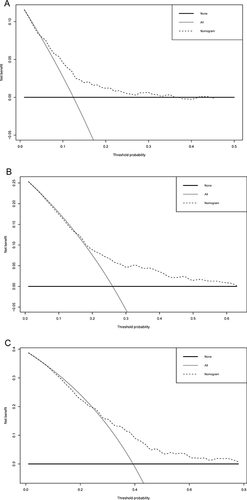 Figure 7 DCA curve analysis of the nomogram for 3-year (A), 5-year (B), and 8-year (C) OS prediction in the training cohort.
