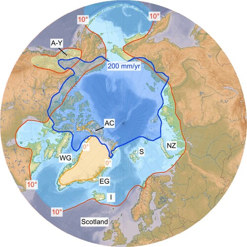 Figure 2. Surge clusters and climate in the Arctic region. Tinting indicates areas with annual precipitation <200 mm/yr (blue) and mean July temperatures <0°C (yellow) and >10°C (red), where surge-type glaciers are rare or absent. Clusters of surge-type glaciers making up the Arctic Ring are: A-Y: Alaska-Yukon; WG: West Greenland; EG: East Greenland; I: Iceland; S: Svalbard; NZ: Novaya Zemlya. AC denotes the diffuse cluster of large surge-type glaciers in High Arctic Canada. Base map: Creative Commons; temperature data: 1968–1996 means from NOAA/ESRL.