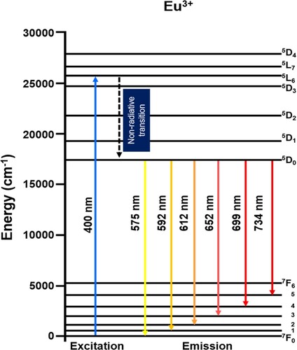 Figure. 12. Energy level diagram of Eu3+ in ZnO–B2O3–GB glass system.