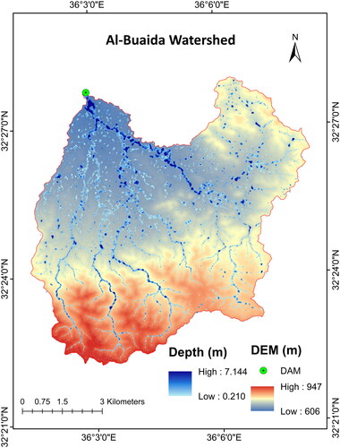 Figure 5. Al-Buaida watershed DEM and the 100-year flooding depth.