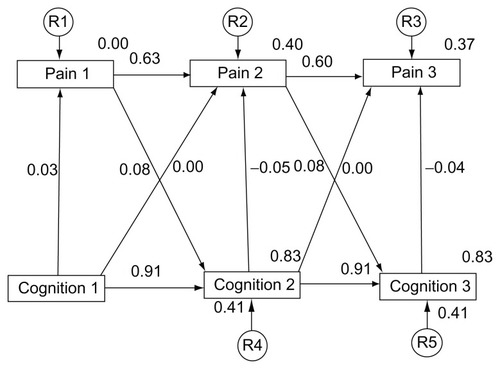 Figure 3 Covariance model 1 of 3-year concomitance of cognition and pain.