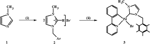 Scheme 1. Synthesis of palladium complex. Reagents and conditions: (i) 2,3,4,5,6-pentamethylbenzyl bromide, PhMe, 25°C; (ii) [Pd(μ-OAc)(ppy)]2, ppy: 2-phenylpyridine, PhMe, 110°C.