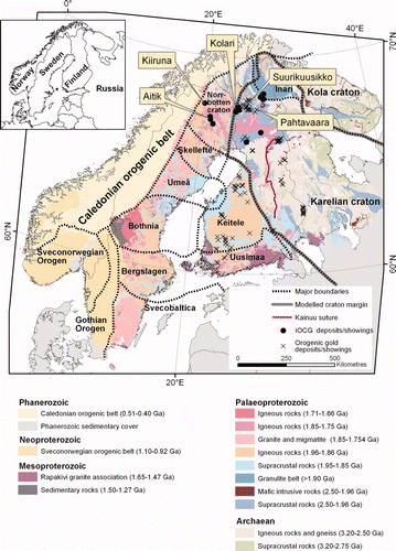 Figure 1 Simplified geological map of the Fennoscandian Shield (modified from Koistinen et al. Citation2001). Boundaries of the major geologic units from Lahtinen et al. (Citation2005). Filled circles represent deposits and showings with IOCG affinities (Eilu Citation1999; Niiranen et al. Citation2002; Edfelt et al. Citation2005; Weihed et al. Citation2005). Filled diamonds define the location of kimberlites (Lehtonen Citation2005). A thick grey line was used in the modelling to represent the Archean craton margin defining the study area together with the border of Finland. Kainuu suture interpreted from Peltonen et al. (Citation2003) and Peltonen (Citation2005). Numbers refer to occurrences listed in Table 3.