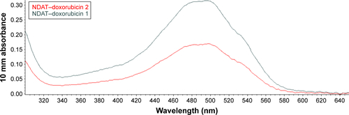 Figure S3 UV spectra for doxorubicin-encapsulated nanoparticles; absorbance was measured at 500 nm.Abbreviations: NDAT, nano-diamino-tetrac; tetrac, tetraiodothyroacetic acid; UV, ultraviolet.