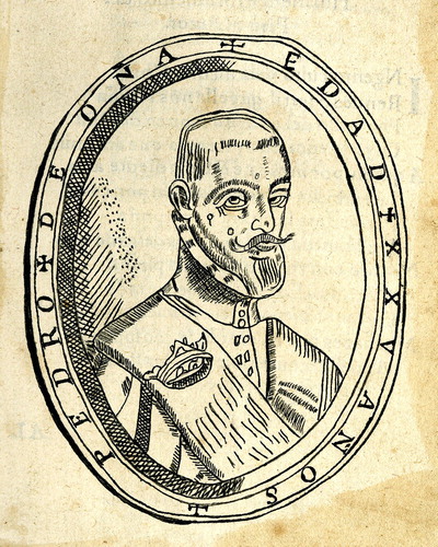 Figure 4. Anonymous, Portrait of Pedro de Oña in Pedro de Oña’s Arauco domado (Lima: Antonio Ricardo, 1596). Woodcut print on paper. Photo courtesy of the John Carter Brown Library at Brown University.