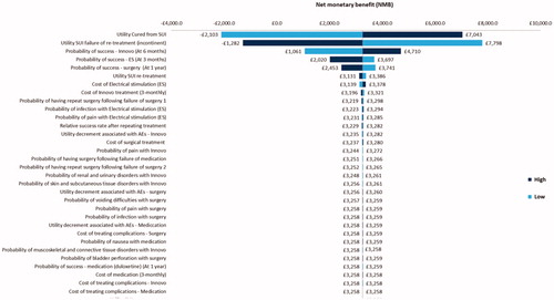 Figure 9. Impact of changing the input parameters by ±25% on the estimated Net Monetary Benefit (NMB): improvement analysis.