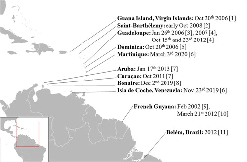 Figure 4. Map indicating reported observations of Hemianax ephippiger in the Neotropics. [1] Sibley (Citation2007); [2] Meurgey (Citation2008a); [3] Meurgey (Citation2006); [4] Meurgey (Citation2013); [5] Meurgey and Weber (Citation2007); [6] iNaturalist; [7] Paulson et al. (Citation2014); [8] this study; [9] Machet and Duquef (Citation2004); [10] Duquef (Citation2012); [11] Kalkman and Monnerat (Citation2015).
