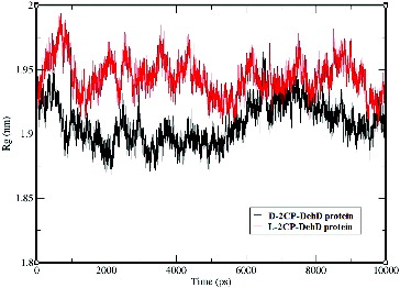 Figure 7. The radii of gyration vs. time for the d-2CP–DehD and l-2CP–DehD complexes. d-2CP–DehD (black); l-2CP–DehD (red).