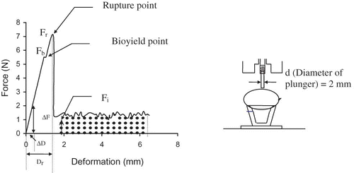 Figure 2 Typical force-deformation curve obtained from the puncture test. Rupture force (N) = Fr; deformation at the rupture point (mm) = Dr; toughness (mJ) (energy absorbed before rupture point) = area under the curve from the origin to point (0, Dr); ; ; ; bioyield force = Fb (N); penetration force in the flesh (the average of measured forces after rupture point) (N); penetrating energy in the flesh (mJ) = dotted area obtained by the sum of the areas under the curve.