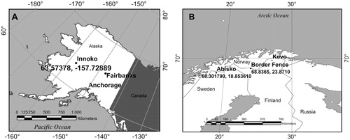 FIGURE 1. Maps of the (A) Innoko, Alaska, study area and the (B) Abisko, Sweden, and Norway/Finland Border Fence study areas.