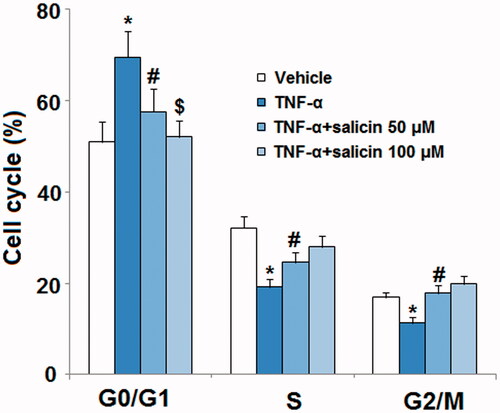 Figure 2. Salicin prevented TNF-α-caused cell cycle arrest in the G1 phase in HUVECs. Cells were cultured with TNF-α (10 ng/mL) or salicin (50 and 100 μM) for 48 h. Cell cycle analysis was measured using FACS (*,#,$p<.01 vs. previous group).