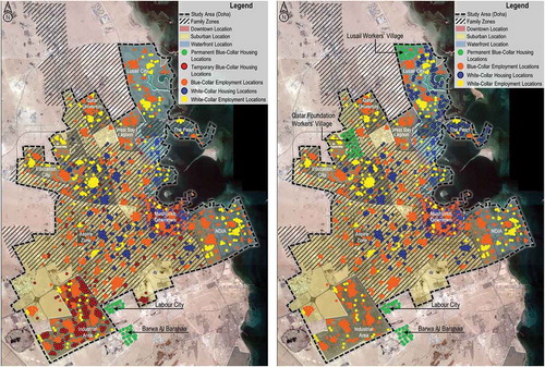 Figure 12. Cumulative map for the current and assessed housing and employment locations of the blue-collar and white-collar workers in Doha (Source: the authors).