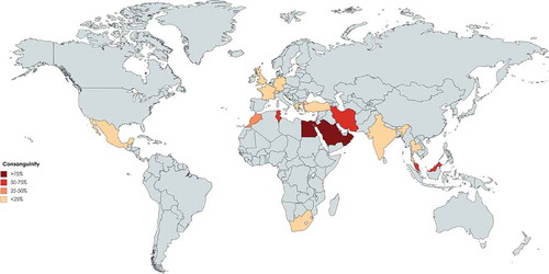 Figure 2. Distribution of parental consanguinity among different registries of patients with primary immunodeficiency in the world. (Gray color represents countries without registry or without appropriate report).