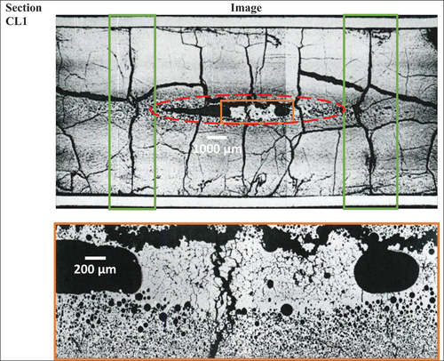 Fig. 13. Image of the longitudinal section CL1 and zoom-in of the molten zone. The molten zone is indicated in by a red dashed line. The zones in green show the pellet-pellet interface.