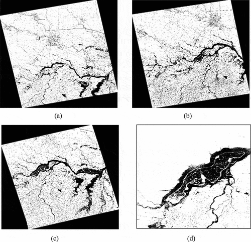 Figure 11. Wangjiaba water extraction results using our method. (a)-(c) the water extraction results on 13, 20 and 21 July, respectively. (d) the COSMO-SkyMed water extraction result image on 24 July.