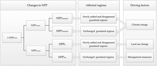 Figure 3. Processing flows for distinguishing the contribution of land conversion, grazing management, and climate variation to changes in NPP