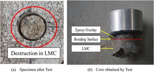 Figure 5. Destruction in LMC due to Laboratory Bond Strength Test. (a) Specimen after Test; (b) Core obtained by Test.