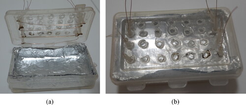 Figure 6. (a) The channel mold attached to the plastic box cover (b) Box filled with PDMS.