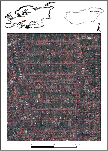 Figure 1. Location of the study area in Debrecen, Hungary, highlighting the WorldView-2 (WV2), WorldView-3 (WV3) and orthophoto (ORTHO) reference datasets, as well as the test data of the WorldView-3 image (background image: WorldView-2).