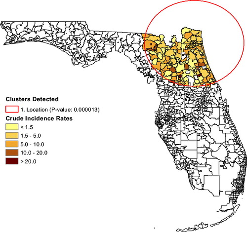 Fig. 3 Cluster map of brain tumor rates adjusted for age, sex, and race (2000–2015).