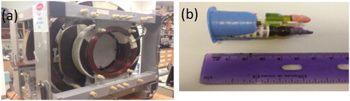 Figure 10. A prototype EPR imager (a) and a complex physical phantom consisting of three bottles and three tubes (b).