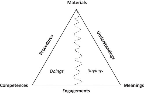 Figure 1. Triangle of elements of practice and their manifestations as doings and sayings in cooking