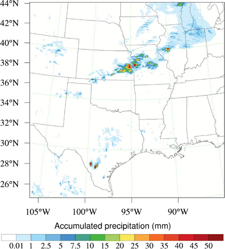 Figure 12. 1-h accumulated precipitation from WRF non-linear model initialized from the first outer loop analysis valid at 0100 UTC 9 June 2010.