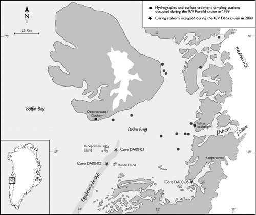 Location of the coring stations in Disko Bugt, central West Greenland (modified from Kuijpers et al. Citation2000).
