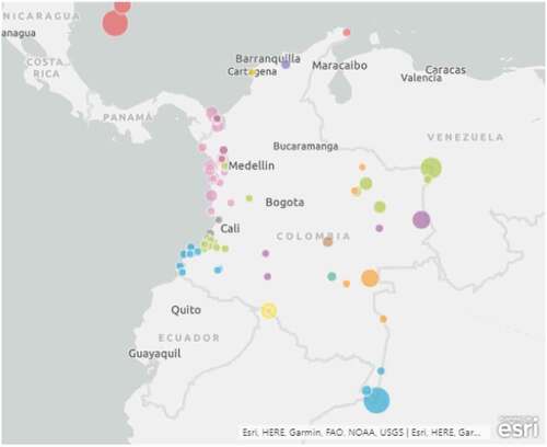 Figure 6. NIZ location in Colombia: active energy per town and state