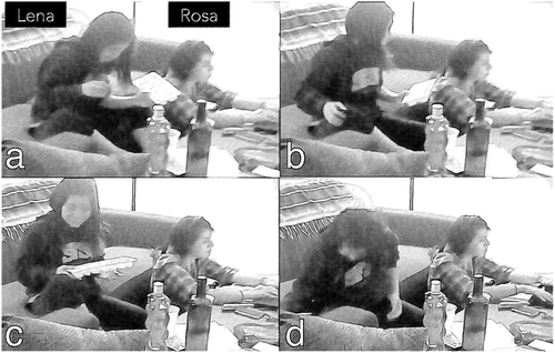 FIGURE 4 Lena drops ice then picks it up after no reaction from Rosa.