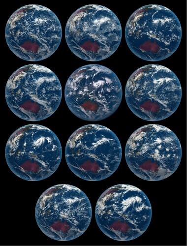 Fig. 2 Cloud images calculated by the GCRMs in the DYAMOND project and from the geostationary satellite Himawari-8 (After Fig. 2 in Stevens et al., Citation2019). From left to right: IFS with a horizontal resolution of 4, 9 km, and NICAM (top row); ARPEGE-NH, Himawari-8, and ICON (second row); FV3, GEOS5, and UM (third row); and SAM and MPAS (bottom row).