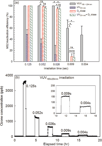 Figure 3. (a) Dependence of MS2 inactivation efficiency on irradiation time for four treatments. (b) Concentration of ozone generated with different VUV irradiation times. Experimental conditions: flow rate = 33l/min, [MS2]inlet = 1.7 × 103 PFU/ml, RH = 40%, n = 3, *P < 0.05, ns: P ≥ 0.05.