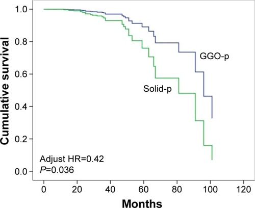 Figure 1 Survival comparisons according to tumor computed tomography morphologies of the second primary adenocarcinomas.