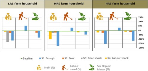 Figure 5. Percentage change in modelled farm performance (profit, labour, soil organic matter) of the LRE, MRE and HRE farm households due to the drought, pest, price and labour shock respectively.