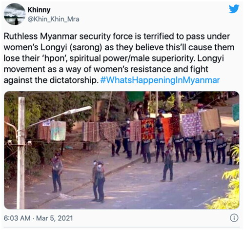 Figure 5. The police force trying to take down htamein.Source: Public post by Khinny @Khin_Khin_Mra. https://twitter.com/Khin_Khin_Mra/status/1367702244368338949/photo/1.