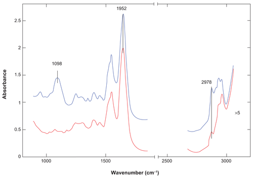 Figure S3. Attenuated total reflectance-Fourier transform infrared spectra of apo-HFt-MSH (red) and PEGylated apo-HFt-MSH-PEG (blue).Notes: The spectra have been obtained on fully hydrated samples in attenuated total reflectance mode on a ZnSe plates at 4 cm–1 resolution and 25°C. Spectra were subtracted by the contribution of the clean and empty attenuated total reflectance plates. Details of the low frequency region highlight the presence of the PEG (CH2–O–CH2) stretching modes at 1098 cm−1 (top spectrum) in the PEGylated apo HFt-MSH. The contribution of the PEG (H–C–H) stretching modes is also manifest in the increased absorbance at 2978 cm−1 in the PEGylated protein (top spectrum).Abbreviations: HFt, human protein ferritin; PEG, polyethylene glycol; MSH, melanocyte-stimulating hormone peptide; MALDI, matrix-assisted laser desorption ionization.
