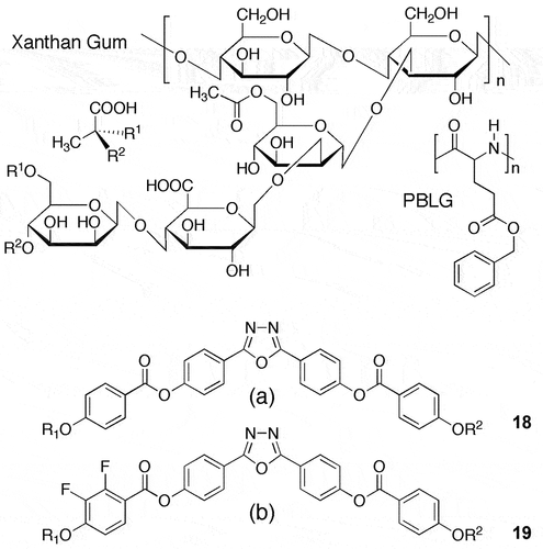 Figure 28. Other materials that exhibit defect textures associated with NTB phases. Top shows polymers PBLG, and Xanthan gum, and the lower two 18 and 19, are bent-core materials.