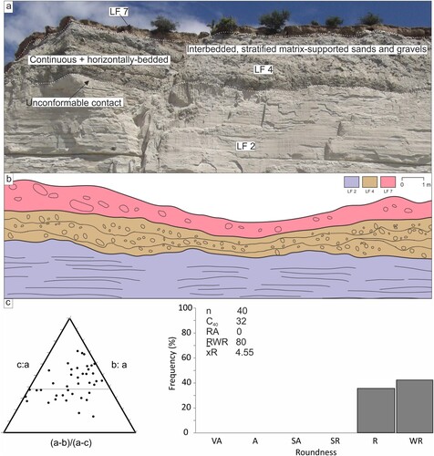Figure 9. Characteristics of LF 4: (a) outcrop details showing interbedded stratified and locally clast-supported diamictons and matrix-supported gravels, here lying unconformably over LF 2; (b) Stratigraphical and structural interpretation of panel a, location labelled on Figure 3; (c) Clast form data from LF 4.