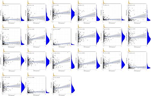 Figure 7 The correlations between LRP1B expression and immune cell marker genes. The strongest correlation with LRP1B expression was found in ITGAM (R = 0.314, P < 0.05). R > 0 and P < 0.05 indicates a significant positive correlation. R < 0 and P < 0.05 indicates a significant negative correlation.