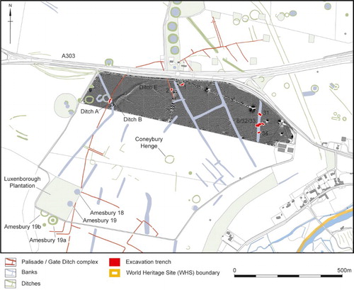 Figure 3. Location map of the trenches at West Amesbury Farm in relation to features revealed by remote sensing. See Linford et al. Citation2015c for detailed discussion of geophysical survey results; a minimally processed greyscale image of the caesium magnetometer data is shown in this figure, with high values plotted in white.