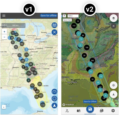 Figure 2. Visual comparison of Flyover Country v1 (left) and v2 (right). Both versions are preserved for provenance: https://z.umn.edu/FCv1JoM (v1) and https://z.umn.edu/FCv2JoM (v2).