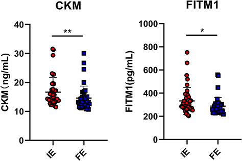 Figure 9 Plasma levels of CKM and FITM1 between the FE and IE subjects. *p <0.05; **p <0.01.