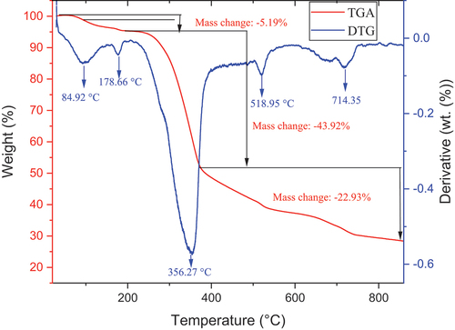 Figure 4. Thermograms (TG) and differential thermograms (DTG) curves of DBF fiber.