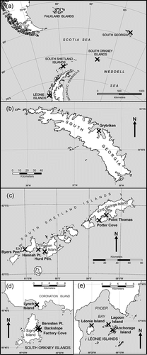 Figure 1 Maps showing positions of sampling sites (crosses). (a) Main map indicating locations of South Georgia, South Orkney, South Shetland, and Léonie Islands; (b)–(e) locations of sites at each of these island groups. See Table 1 for further details of sites.