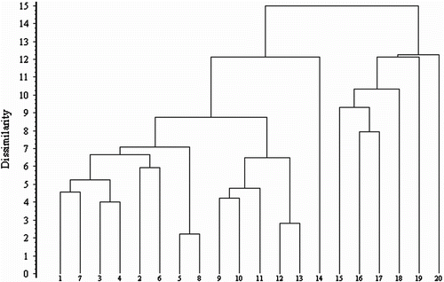 Fig. 2 Dendrogram of surveys obtained using cluster analysis. Fig. 2 Dendrogramme des relevés obtenu par regroupements hiérarchiques.