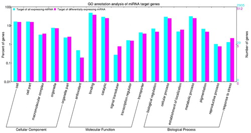 Figure 1. Gene ontology analysis of miRNA target genes identified in drought stress of wheat (Triticum aestivum L. cv. XF 20). Note: The digits on the left y-axis and right y-axis show the percentage and number of miRNA targets, respectively. Targets of all expressed miRNAs are shown in cyan; targets of all differentially expressed miRNAs are shown in pink.