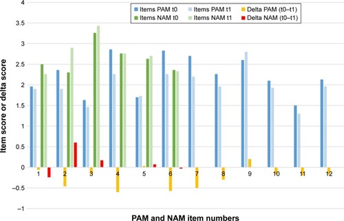 Figure 2 PAM and NAM at admission (t0) and discharge (t1), with changes between the two evaluations.